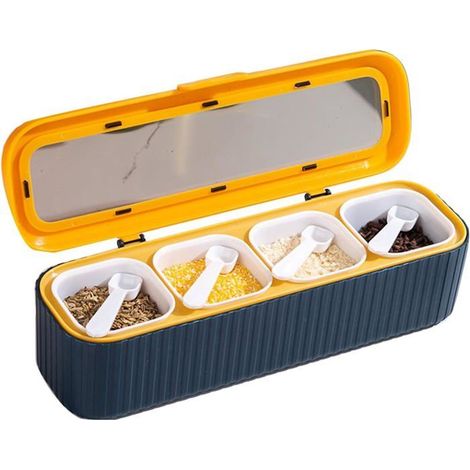 Boîte de Rangement Épices 4 Compartiments avec Cuillères - Contenant Alimentaire Étanche pour Sel Sucre Condiments Cuisine Bleu (1/5)