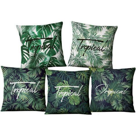Feuilles tropicales vertes housses de coussin 4545 cm ensemble de 5 taies d'oreiller carrées décoratives palmier d'été housses de coussin d'été taie d'oreiller pour la décoration de canapé à l-Chrom (1/5)