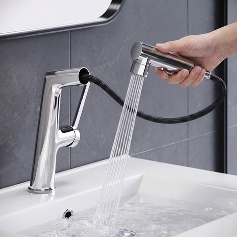 SONNI 360° Ausziehbare Waschtischarmatur, Verchromt, Mit zwei Strahlarten und hygienischem Abfluss oben (1/5)