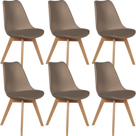 Altobuy – Lot de 6 chaises scandinaves taupe – Assise rembourrée en simili cuir – Piétement en bois massif – Dimensions 48x51xH82,5cm (1/5)