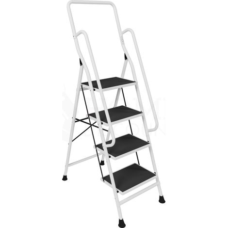 4-stufige Klappleiter aus Stahl mit Handlauf und rutschfester Matte, faltbar, belastbar und tragbar, Weiß, H 160 x B 54 x T 83 cm (1/5)