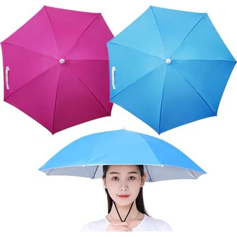 Regenschirmhut, 2 Stück, faltbarer Kopfschirmhut, 27 Zoll, leichte Hände, hochelastischer Griff mit Gummiband, UV- und Regenschutz für Gartenarbeit, Angeln, Rot/Blau