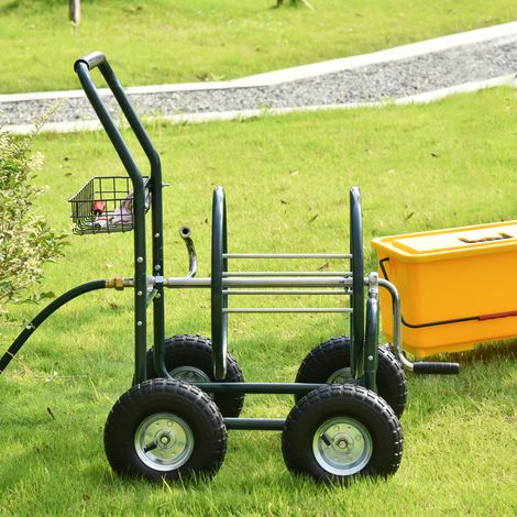 Enrollador de manguera Outsunny de 70 m con ruedas - Enrollador de manguera de metal - Carro para enrollador de manguera - Enrollador de manguera de jardín - Mango antideslizante, cesta de almacenamie