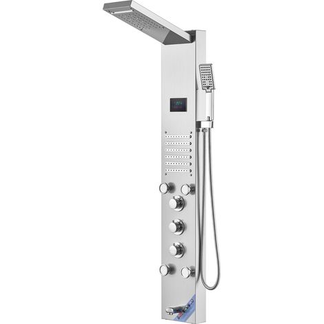 Panneau de Douche Multifonction, 6 Modes, LED et Écran Hydroélectrique, Pluie, Cascade, 5 Jets Massants, Robinet de Baignoire, Douchette à Main, Acier Inoxydable Mural (1/5)
