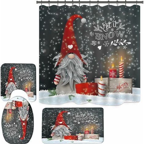 Christmas Themed Shower Curtain Set, Gnomes Shower Curtain for Bathroom, Christmas Shower Curtain with Rug and Mat (M2) (1/5)