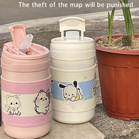 Isolierte Edelstahl-Trinkflasche mit großem Fassungsvermögen und Welpenmotiv, niedliches und stylisches Design, inklusive Strohhalm, tragbarer Becher für Studenten. (1/4)