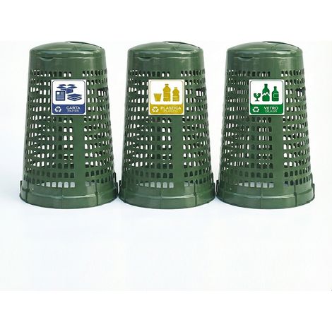 Set di 3 Trespolo cestino 100 lt Bidone Spazzatura differenziata con etichette plastica carta vetro da Esterno Portasacco contenitore immondizia Made in Italy con Coperchio e Anello Fermasacco
