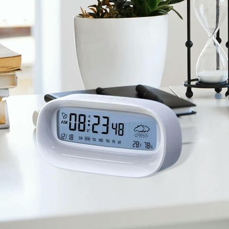 Despertador digital de escritorio con pantalla grande, fecha, hora y día de la semana con segundos, estación meteorológica para cocina, mesita de noche y dormitorio. (1/4)