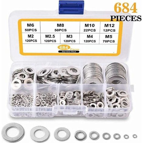 684 Pieces Flat Washers, Assortment of Stainless Steel Washers, Flat Metal Lock Washers, 9 Sizes for Plumbing, Factories, Repairs - M2 M2.5 M3 M4 M5 M6 M8 M10 (1/4)