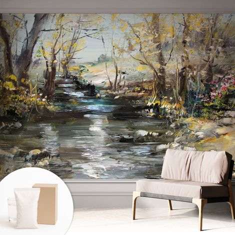 Fototapete Tapete Vliestapete mit Kleber Büro Wandgestaltung - Wanddekoration Wohnzimmer Waldbach 312x219 cm (1/5)