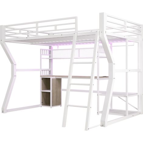 Letto a soppalco 140 x 200 cm in metallo con scrivania, LED, presa e ripiano, bianco (1/5)