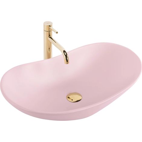 REA – Vasque à poser ovale rose poudré mate – Céramique sanitaire – Longueur 615mm – Largeur 355mm – Hauteur 155mm – Trou de trop-plein 0 (1/5)