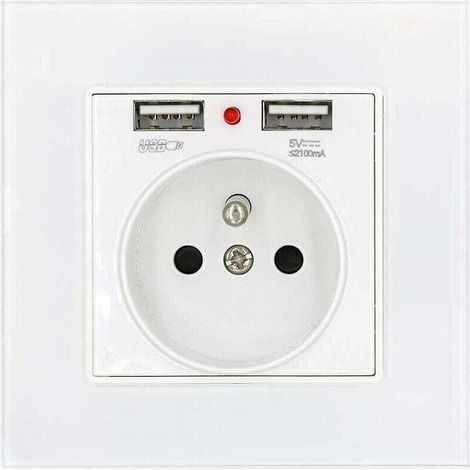 Ulisem Glas-Steckdose, französische Standard-Wandsteckdose mit Ladeanzeige, zwei USB-Anschlüsse (2,1 A), versenkte französische Standard-Steckdose (16 A, 250 V), Weiß (1/4)