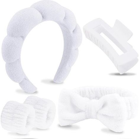 Set de 5 piezas: Diadema y muñequera de esponja, aptas para maquillaje, cuidado de la piel, suaves y absorbentes, para uso diario. Dimensiones: 17 x 18 x 4 cm. Color: blanco. (1/5)
