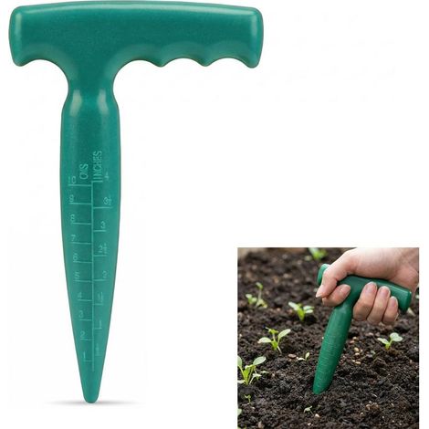 Ergonomic bulb planter with measurement  Ergonomic T-handle, manual gardening tool for bulbs, seedlings, flowers and vegetables. Integrated depth measurement. (1/5)