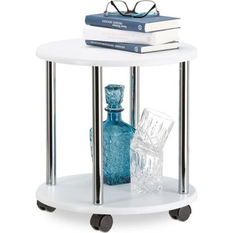 Table D'appoint Ronde À Roulettes - 41,5 x 40 x 40 cm - Blanc - 2 Niveaux - Charge 5 kg - Pour Plantes Et Rangement (1/5)