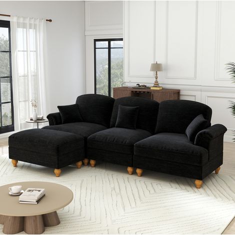Canapé d’angle 3 places Chenille Schwarz, L-förmig mit beweglichem Hocker und abnehmbarem Sofarock (1/5)