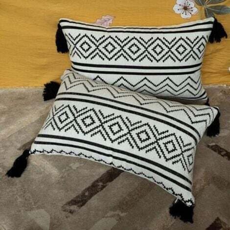 Lot de 2 Blanc/Noir , Housse de Coussin 30x50cm,Taie d'oreiller avec Tassel Decoratif Canapé Velours,sans Rembourrage,avec Fermeture éclair Dissimulée,pour Voiture Salon Chambre à Coucher (1/4)