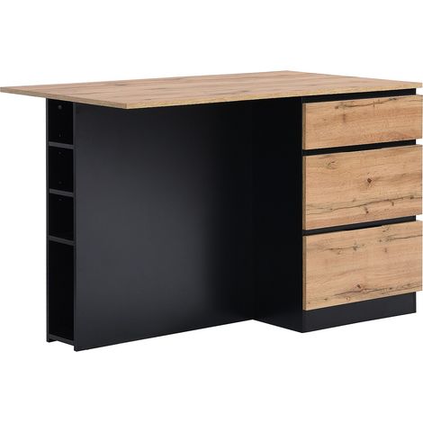 Vente-Unique – Îlot central de cuisine 140x80cm – 6 tiroirs et 4 niches en MDF mélaminé – Naturel clair et noir – Charge max 75kg (1/4)