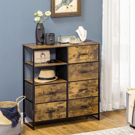 Meuble de rangement commode style industriel 6 tiroirs pliables 2 étagères acier et bois 84 x 30 x 92 cm