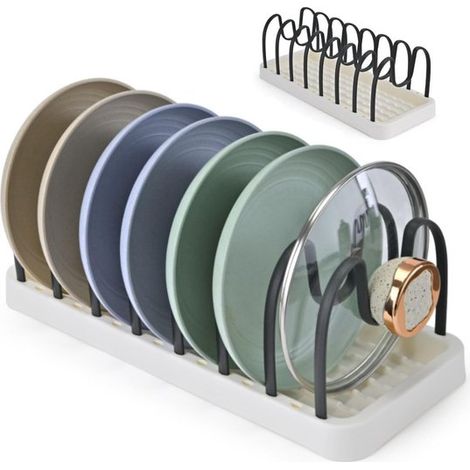 Porta pentole da cassetto per cucina, porta coperchi regolabile, in plastica, porta posate, porta coperchi, versatile, salvaspazio in cucina, nero. (1/5)