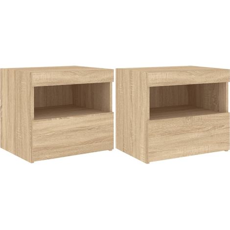 Conjunto de 2 mesitas de noche con luces LED y cajón 50 x 40 x 45 cm madera de ingeniería color roble DEC035969