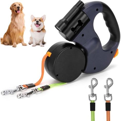 Laisse rétractable double face, réfléchissante, pour deux chiens simultanément, laisse renforcée avec éclairage LED, pour deux animaux de compagnie (1/5)