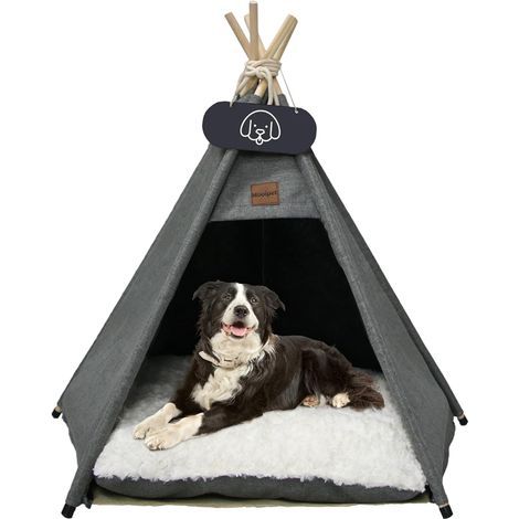 Tente pour chien et chat – Tipi 60x60x70 cm en toile de coton – Poteaux en bois de pin – Coussin réversible et tableau noir (1/5)