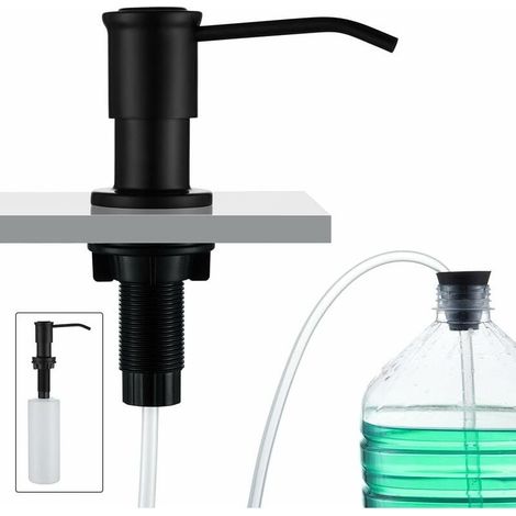 Distributeur de Savon Encastrable, Distributeur Savon Evier Cuisine, Distributeur Savon Integre avec Bouteille 500ML et Ensemble de rallonge de 1,0 m, Recharge du Haut, Noir (1/5)