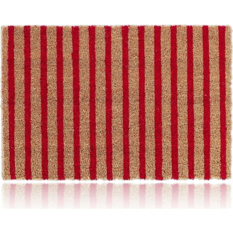 Relaxdays Felpudo Entrada Casa Diseño Rayas, Alfombra Coco, 40x60 cm, Antideslizante, Interior y Exterior, Natural/Rojo (1/5)