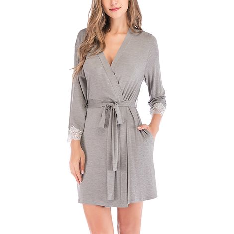 Robe De Bain - Col En V - Manches Trois Quarts - Ceinture - Poche - Polyester - Gris - Taille XL (1/5)