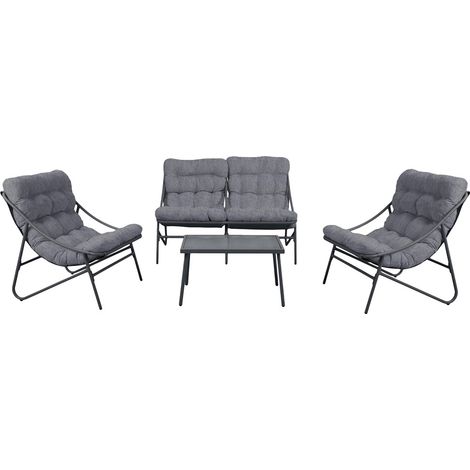 Set lounge da giardino: divano, 2 sedie, tavolo in acciaio con piano in vetro, Grigio, 128 x 85 x 95 cm (1/5)