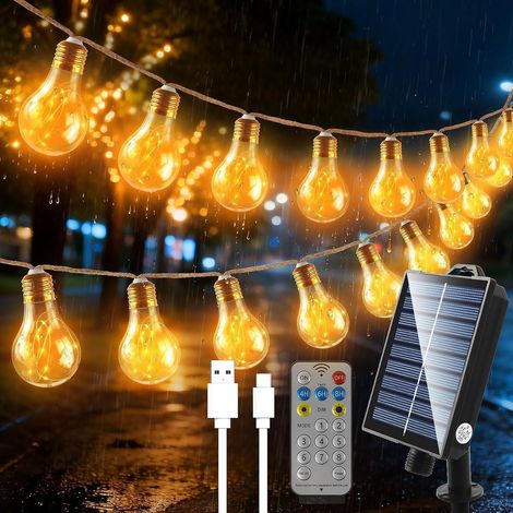 Guirlande Lumineuse Guinguette Solaire Extérieur 8M Corde de Chanvre, 16 Ampoules A65 IP65 Étanche, 8 Modes avec Télécommande et Chargement USB, Idéale pour Jardin, Fête, Bistrot et Pavillon (1/5)