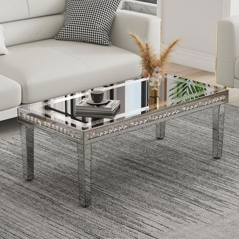 UNHO 120 x 60cm Large Silver Mirrored Coffee Table with Crystal Inlay Rectangle Glass Tea Table (1/5)