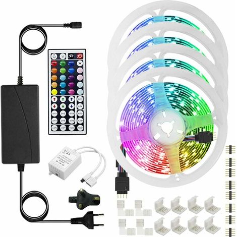 Tira LED RGB de 20 m, regulable, con Bluetooth y control por app, control remoto de 44 botones, temporizador, modo música, LED de 24 V para salón y dormitorio (5 m × 4 m) - RWRuban LED (1/5)