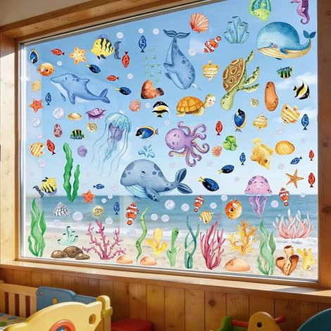 Stickers Muraux Océan, Autocollants de Fenêtre Poisson Tortue Marine Étoile de Mer Algue, Décoration Salle de Bain Réfrigérateur Maison Chambre Enfant,9 Feuilles (1/2)