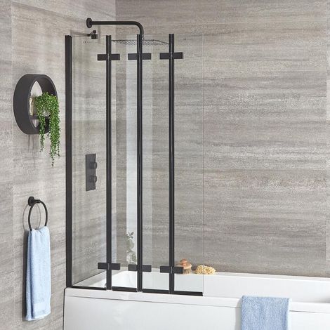 Milano Nero 800mm Folding Bath Shower Screen - Black (1/4)