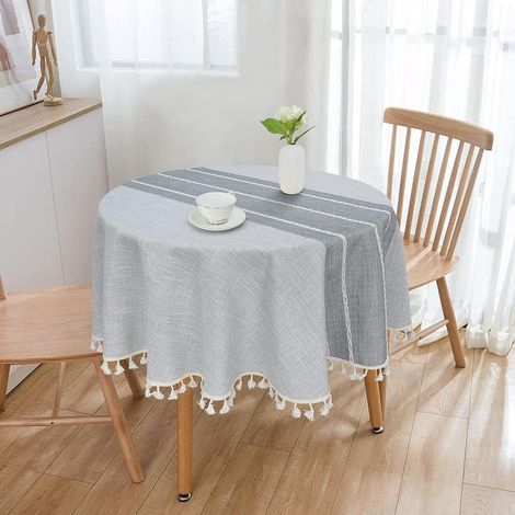 Nappe à franges en coton et lin pour cuisine, nappe infroissable (ligne grise, ronde de 152,4 cm) (1/2)
