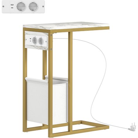 Table d'appoint en forme de C avec prise de charge, sac de rangement en tissu, plateau imitation marbre, 46 x 25 x 62,5 cm, blanc (1/5)