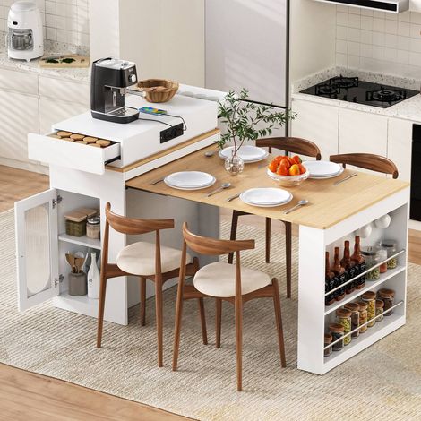 Îlot de cuisine roulant extensible avec prises et crochets, blanc (1/5)