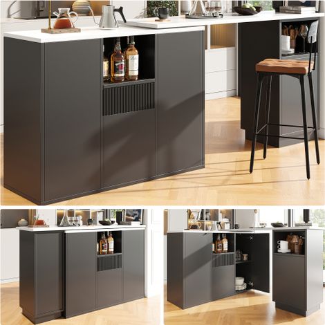 Bar pivotable modulable 360° 210 cm corps finition noire plateau imitation marbre îlot cuisine multifonction rangement mixte ouvert fermé style industriel loft contemporain (1/5)