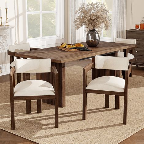 Lot de 4 chaises avec accoudoirs en bois massif, tissu lin respirant, style moderne, couleur noyer (1/5)