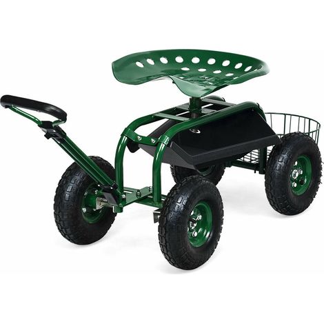 Chariot de jardin robuste avec plateau à outils et siège pivotant 360° - vert (1/5)