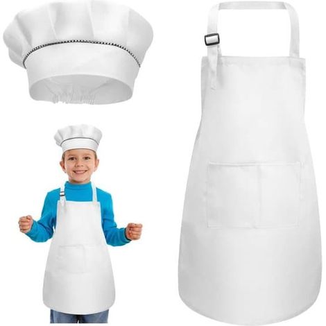 Tablier enfant ajustable avec toque de chef et 2 poches pour cuisiner, peindre et bricoler (7-13 ans), blanc (1/5)