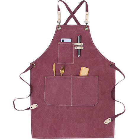 Tablier poche détachable bretelles imperméable coton toile confortable blouse pour restaurant violet (1/5)