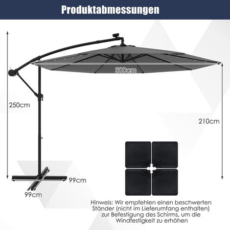 Solarbetriebener Ampelschirm, 300 cm, 40 LED-Leuchten, Grau