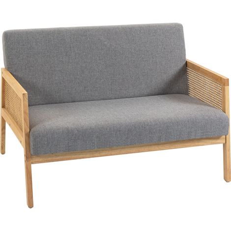 HOMCOM sofá de 2 plazas tapizado en lino sintético con detalles ratán sintético, con estructura de madera, carga 240 kg, 115x77x77 cm, gris claro (1/5)