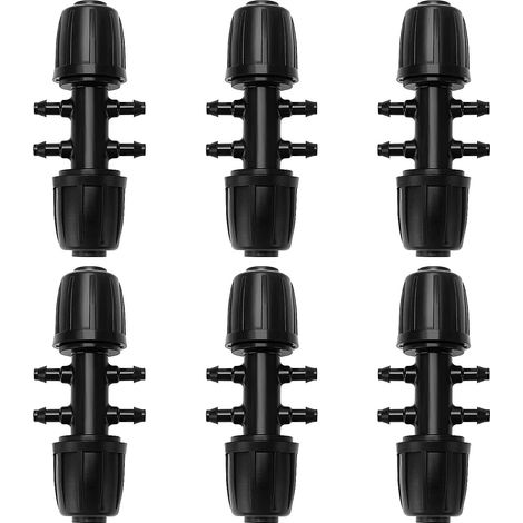 Lot de 6 raccords en T à manchon cannelé 8/11 mm vers 4/7 mm, connecteur de tuyau d'irrigation 6 voies, compatible avec l'irrigation goutte à goutte, pour jardin et pelouse, noir. (1/4)