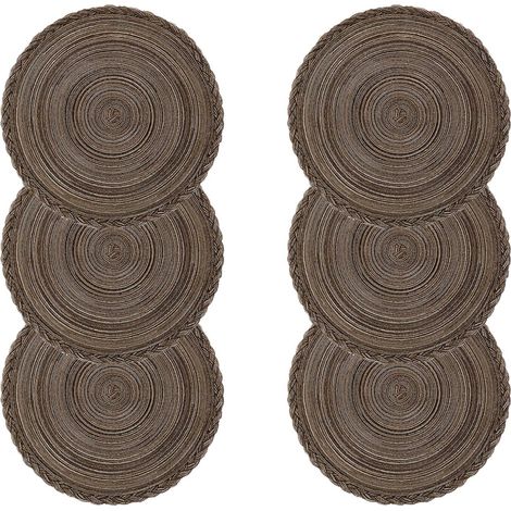 6er-Set waschbare, geflochtene Tischsets aus Baumwolle, hitzebeständig, rutschfest, rund, 38 x 38 cm (rund, geflochten, braun)