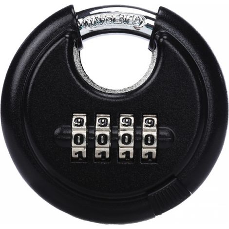Cadenas à code, cadenas à combinaison 4 chiffres pour extérieur avec anse en acier trempé. Cadenas rond robuste et étanche de 70 mm. (1/4)